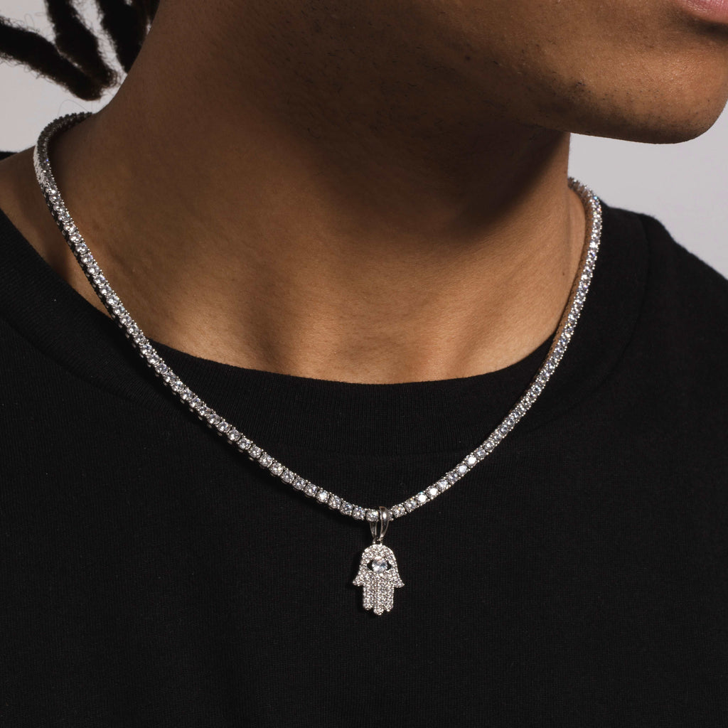 Micro Iced Hamsa Pendant in White Gold