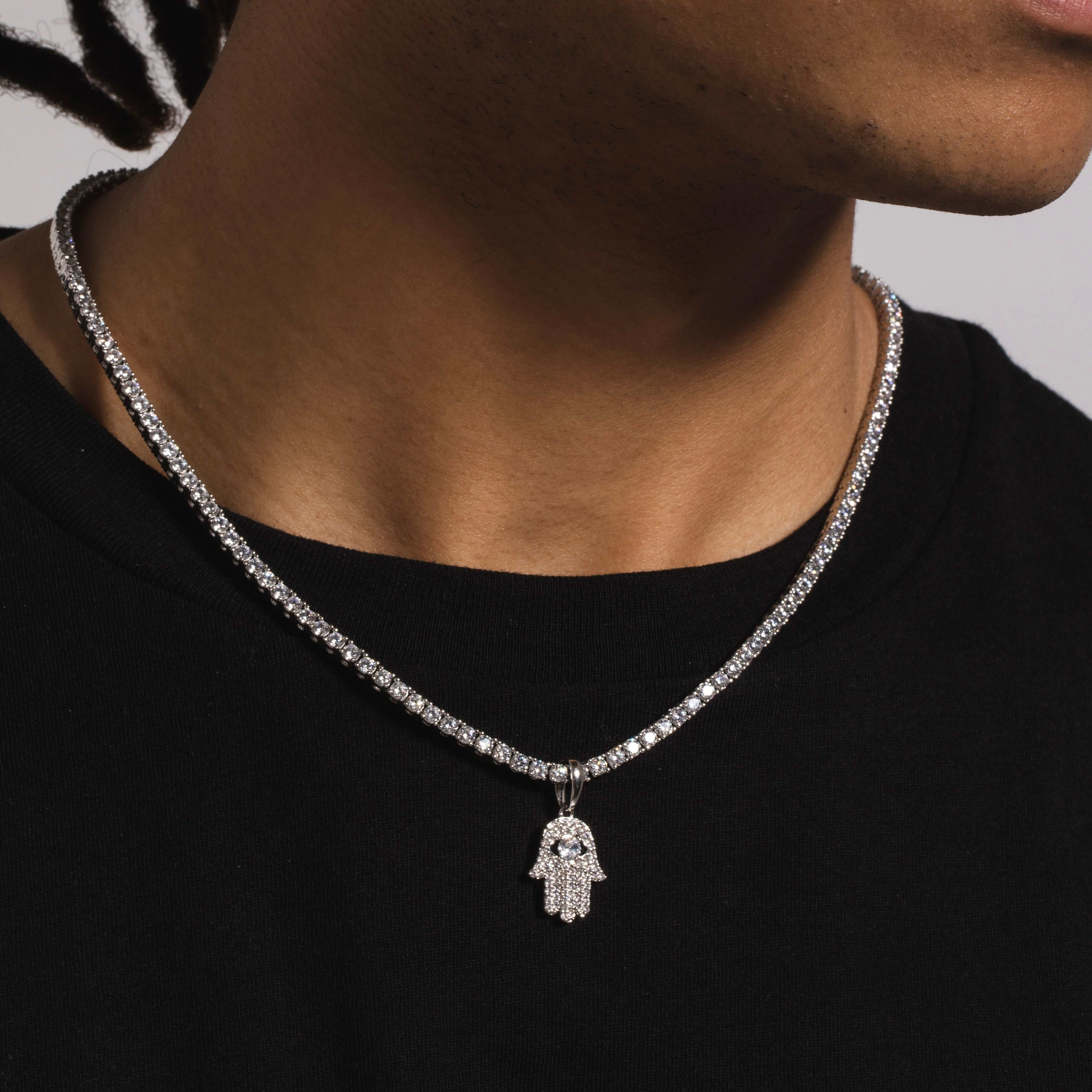 Micro Iced Hamsa Pendant in White Gold