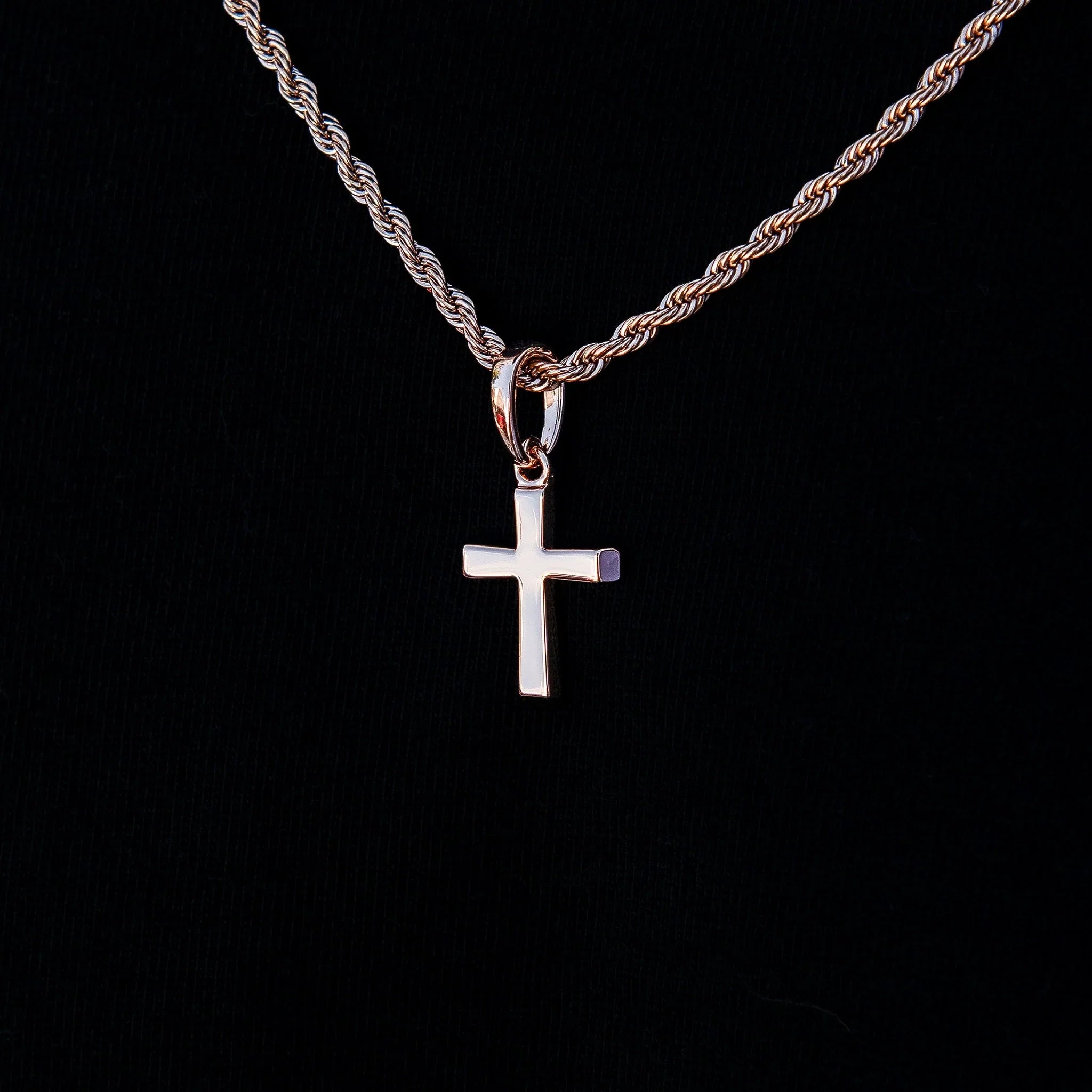 Micro Simple Cross Pendant + 2MM Rope Chain Bundle in Rose Gold