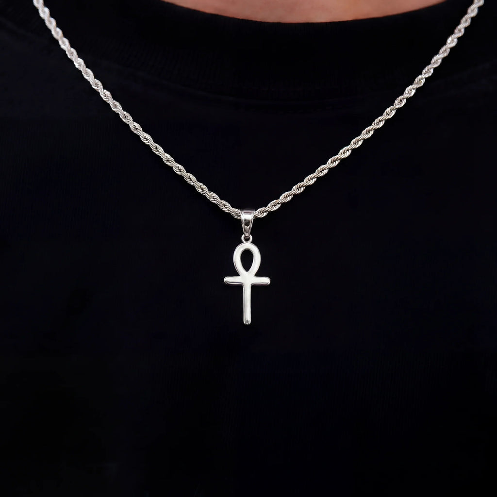 Micro Simple Ankh Cross Pendant + 2MM Rope Chain Bundle in White Gold
