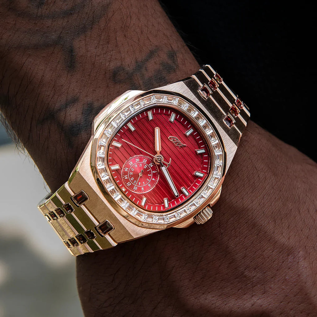 39MM Visionary Iced Ruby Stone Steel Band Watch - Rose Gold