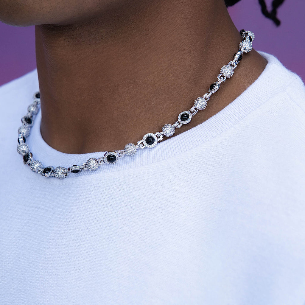 Iced Black Pearl Ball Chain Necklace in White Gold