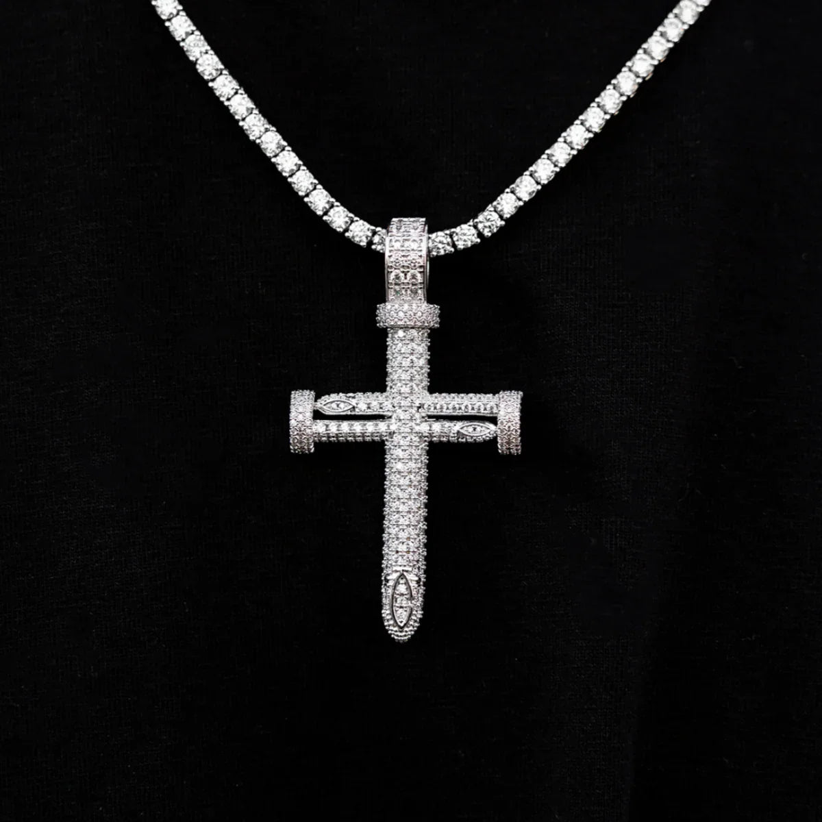 3mm Diamond Tennis Chain + 8.5mm Diamond Cuban Bracelet + Large Nail Cross Bundle- White Gold