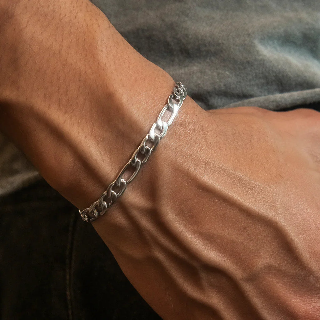 Figaro Chain + Bracelet Bundle in White Gold- 6mm