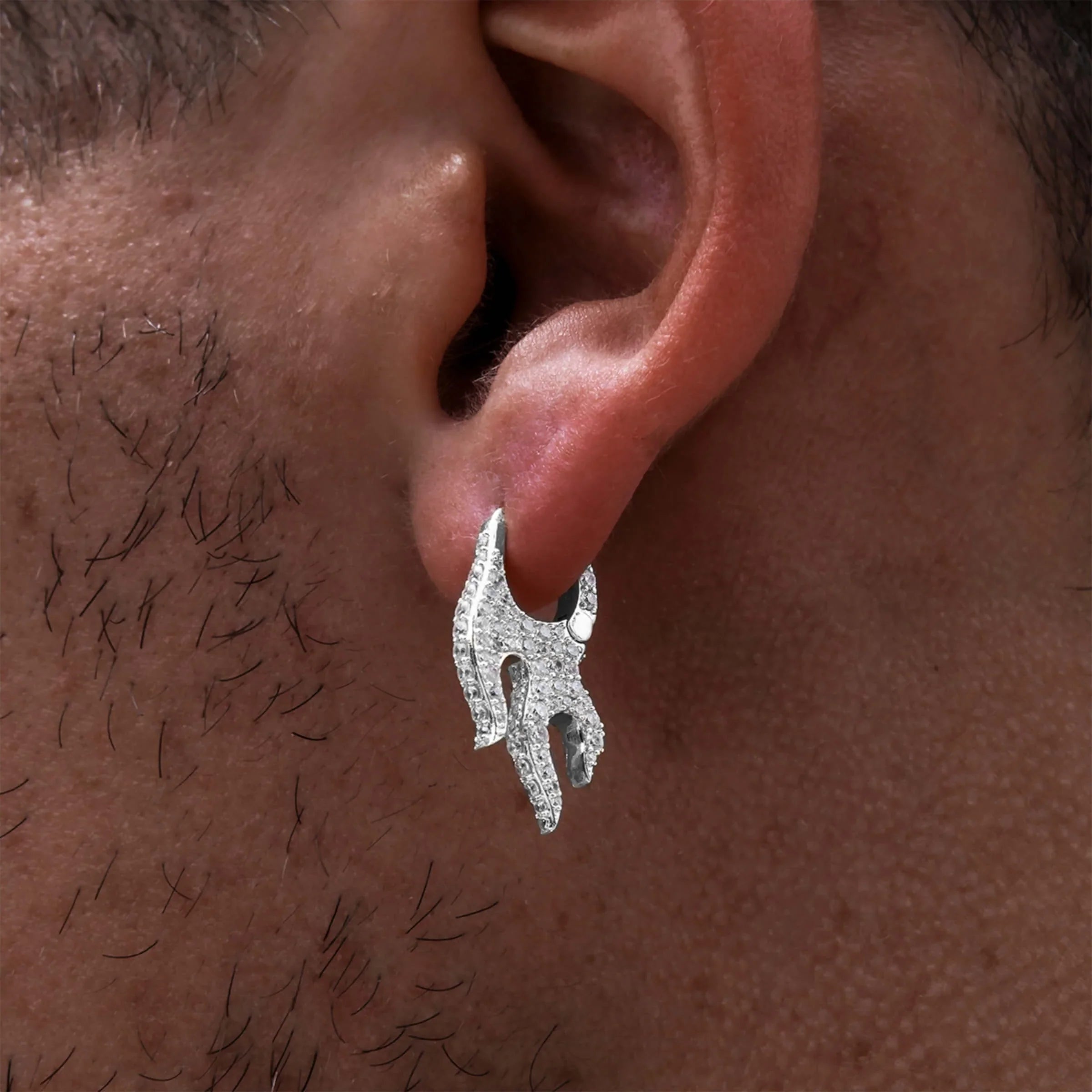 Diamond Flame Hoop Earrings in White Gold