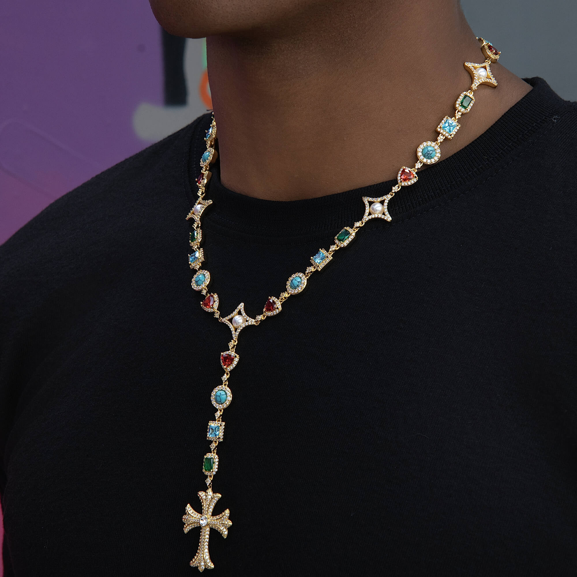 Colored Gemstone Pearl Rosary Chain Necklace in Yellow Gold
