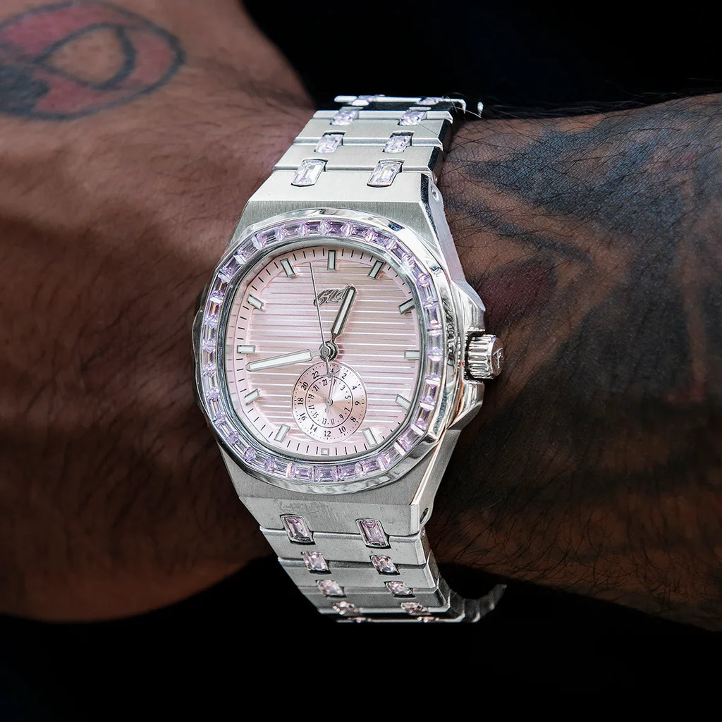 39MM Visionary Iced Pink Stone Band Watch - White Gold