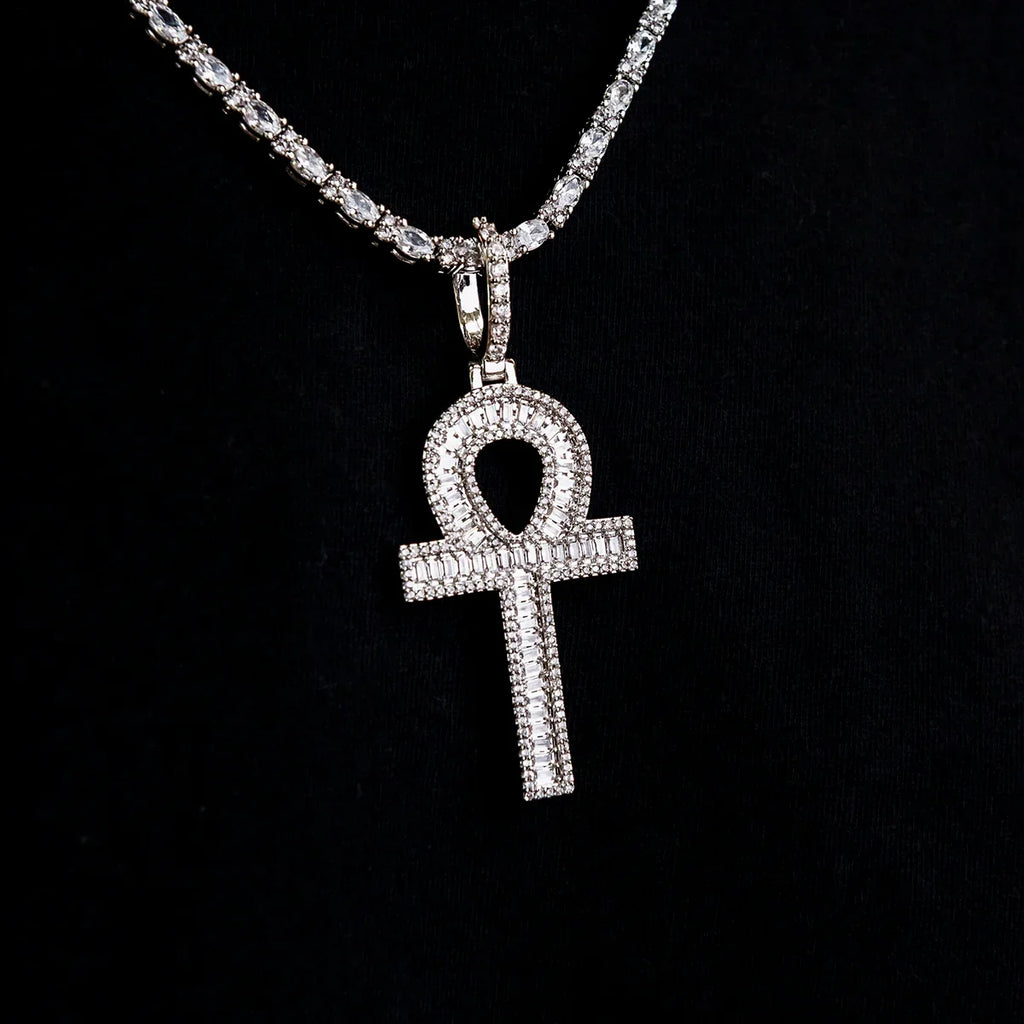 Diamond Baguette Ankh Cross Pendant in White Gold