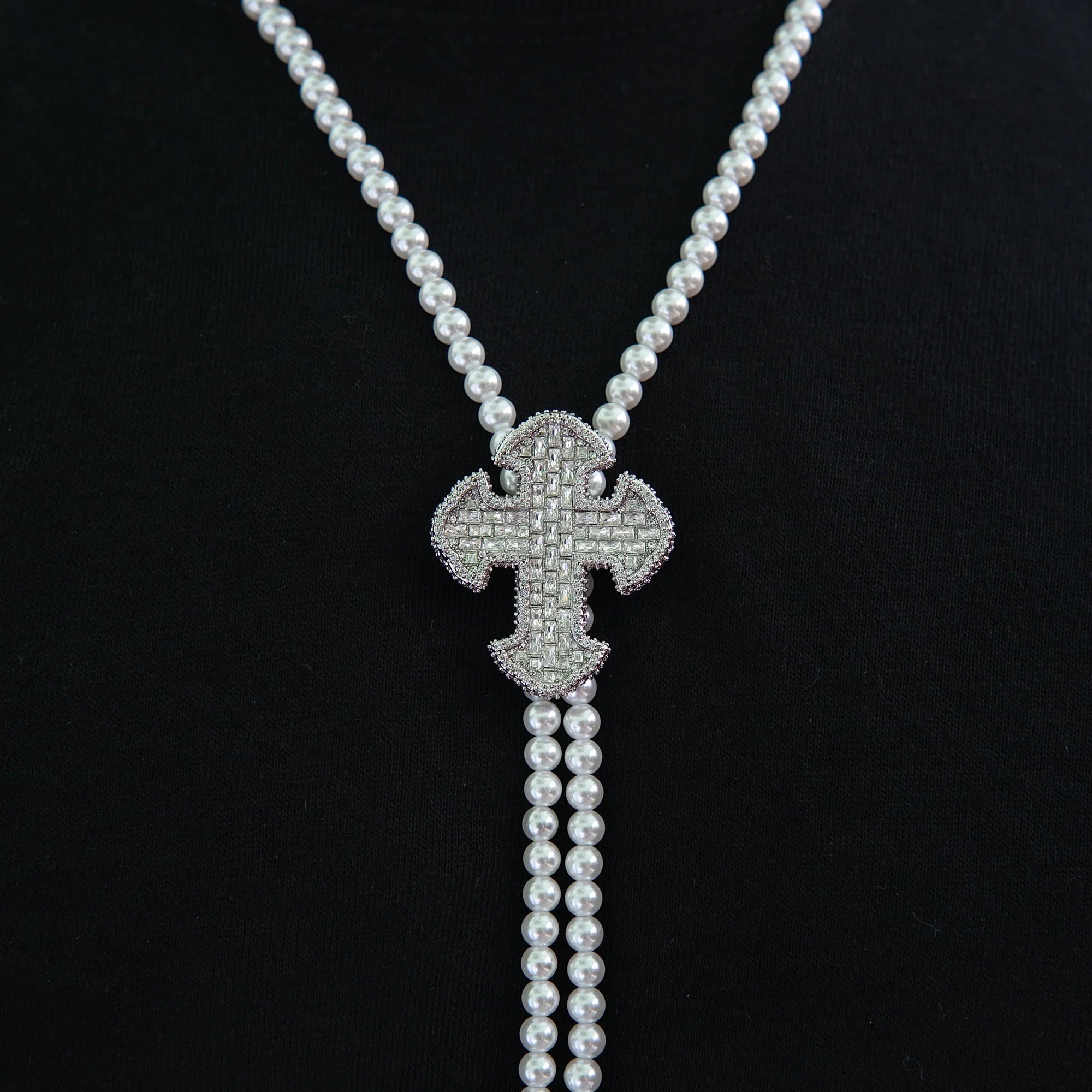 Iced Cross Pearl Bolo Chain in White Gold