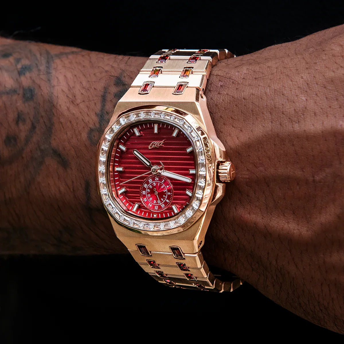 39MM Visionary Iced Ruby Stone Steel Band Watch - Rose Gold