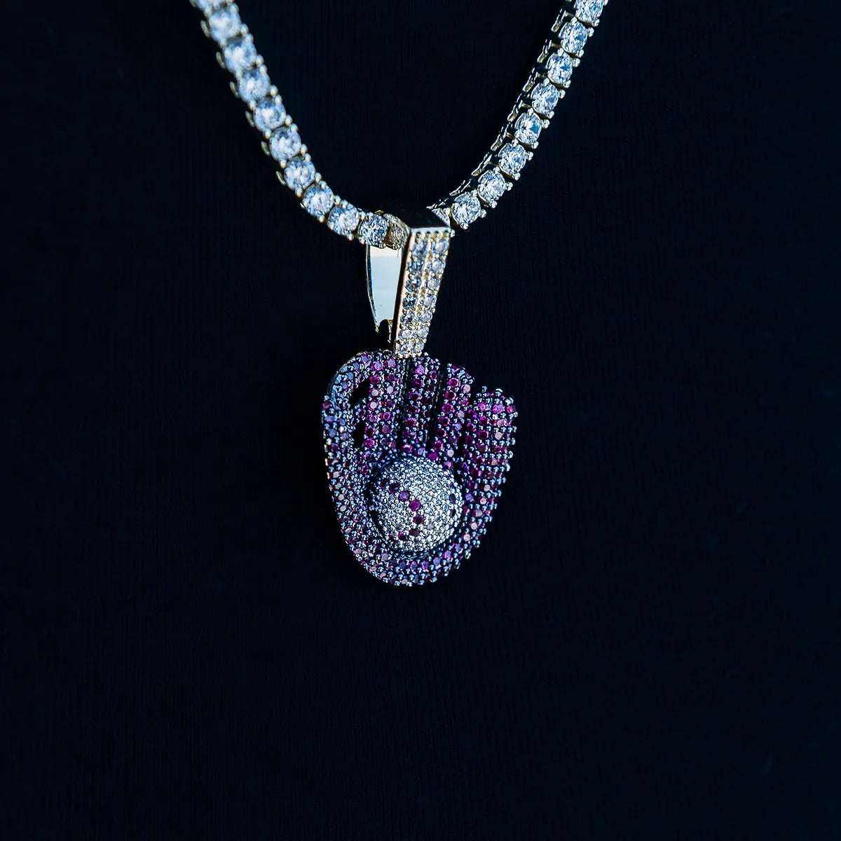Iced Purple Baseball Pendant in Yellow Gold