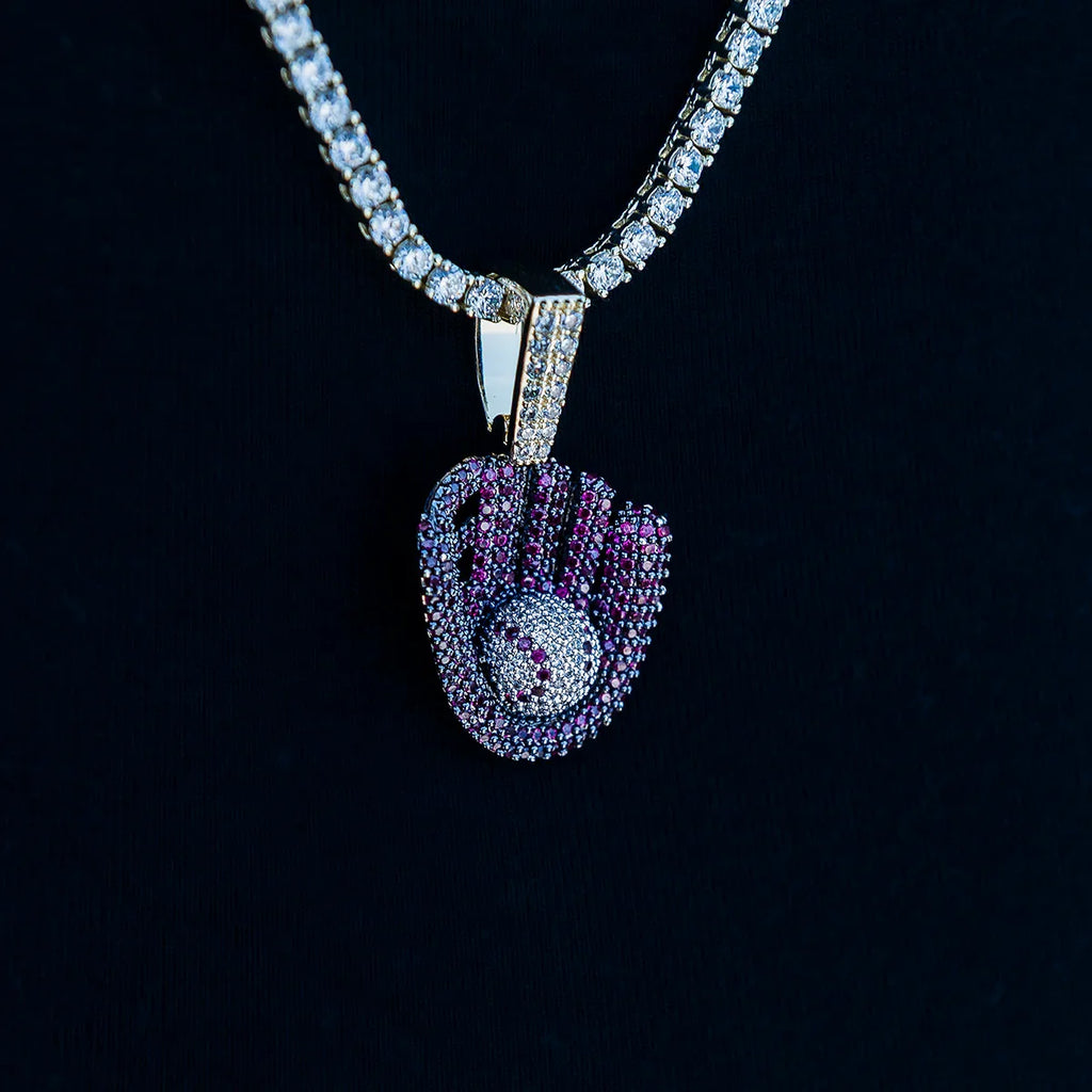 Iced Purple Baseball Pendant in Yellow Gold
