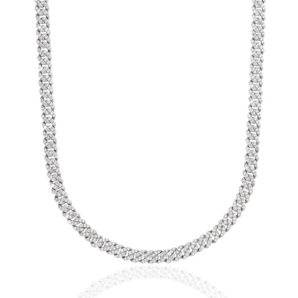 Micro Diamond Prong Cuban Chain in White Gold - 6mm