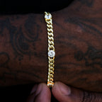 Round Stone Station Cuban Bracelet in Yellow Gold