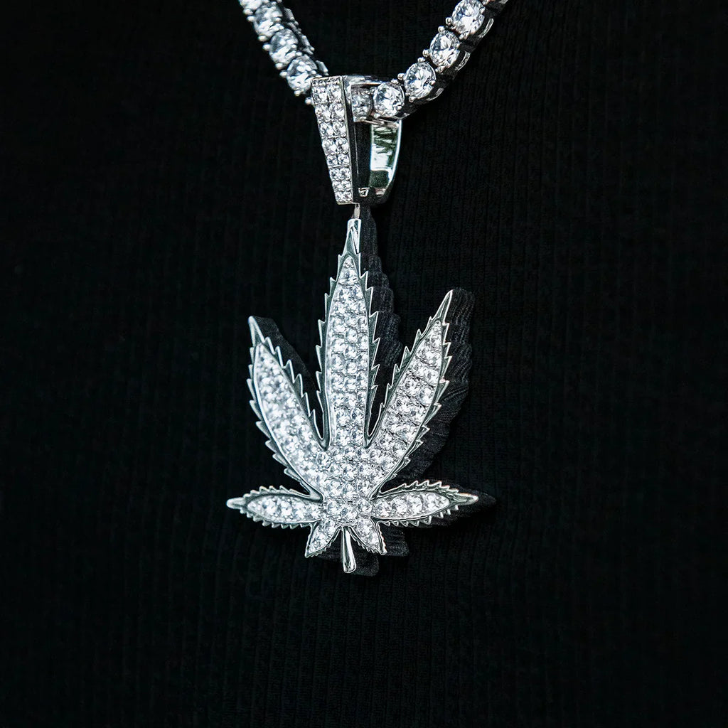 Large Diamond Weed Leaf Pendant - White Gold