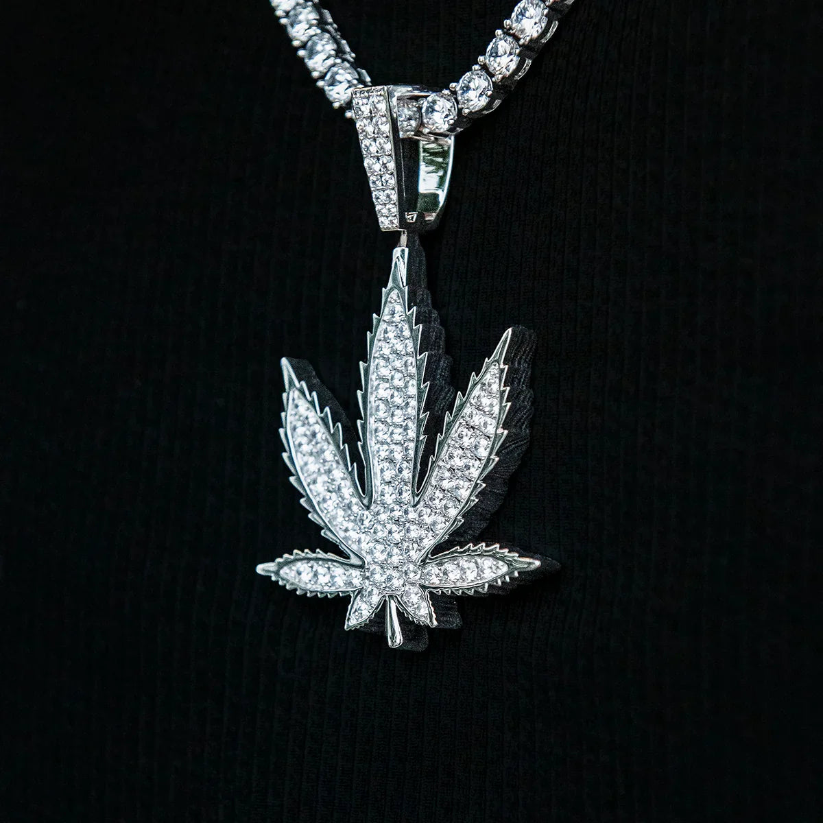 Large Diamond Weed Leaf Pendant - White Gold