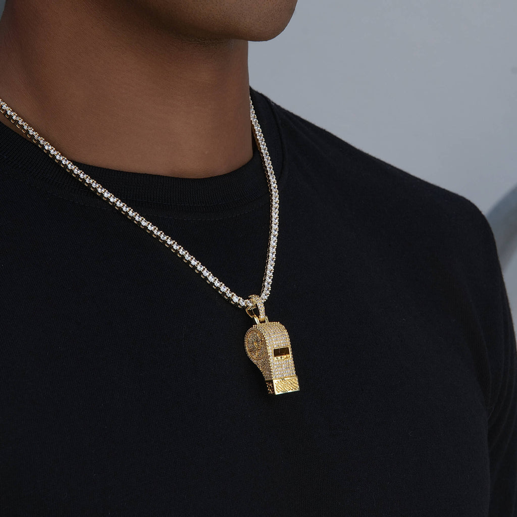 Iced Functioning Coaches Whistle Pendant in Yellow Gold