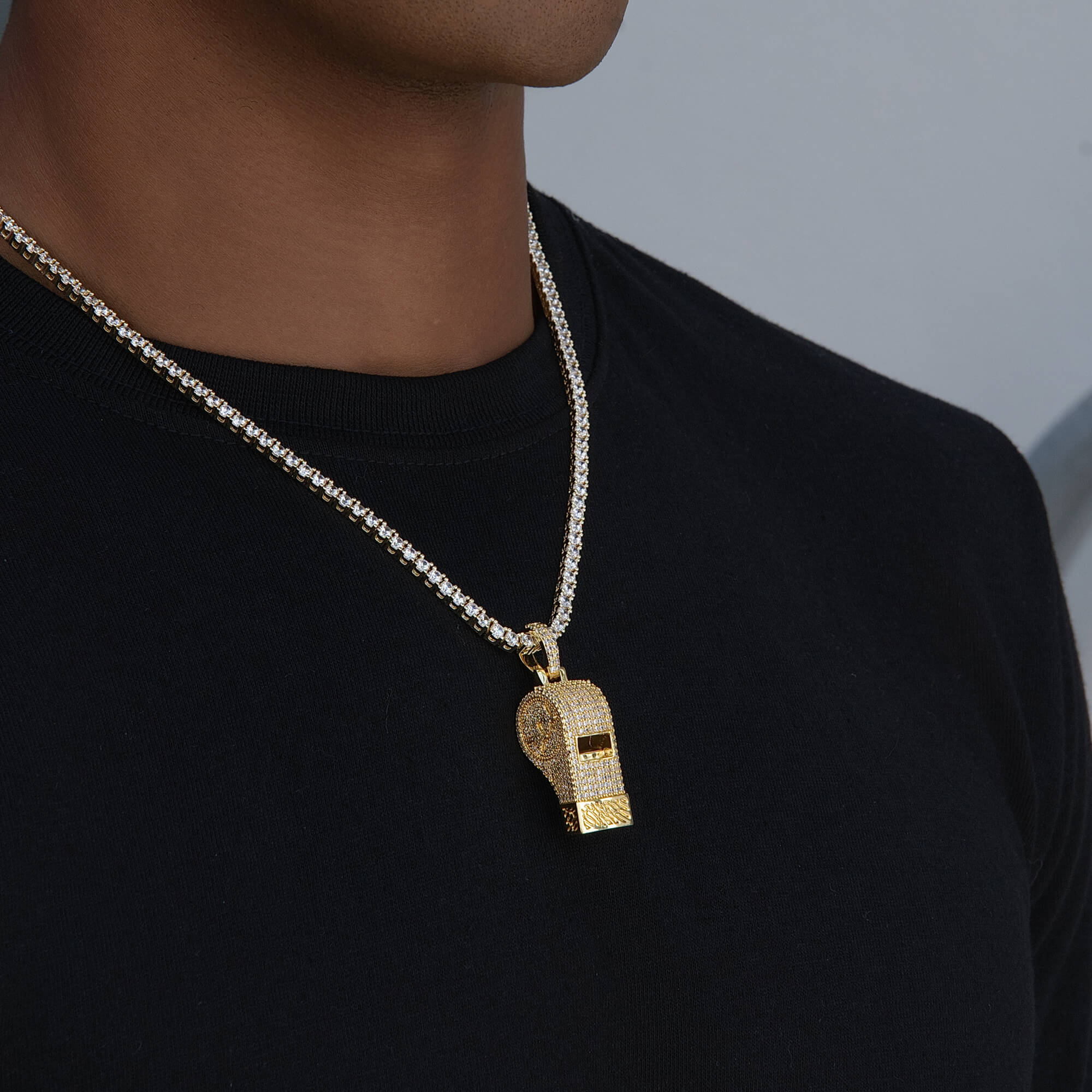 Iced Functioning Coaches Whistle Pendant in Yellow Gold