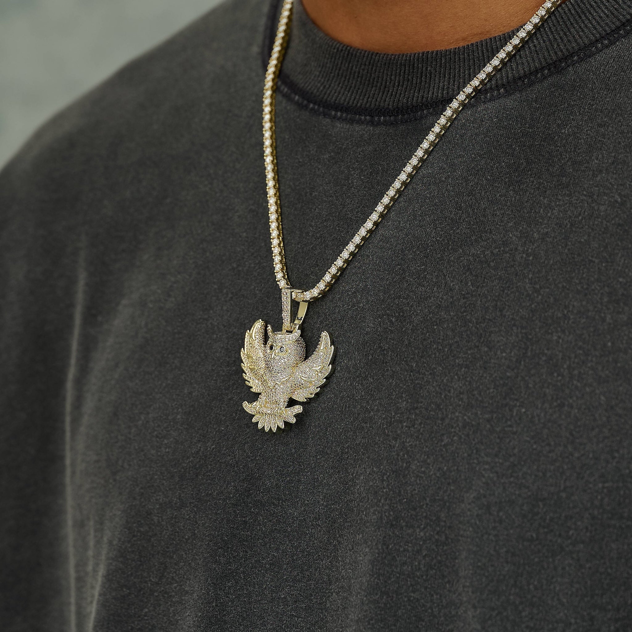 Iced Owl Pendant in Yellow Gold
