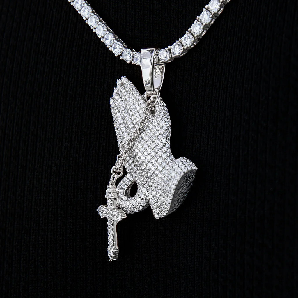 Moissanite Praying Hands Pendant in Sterling Silver