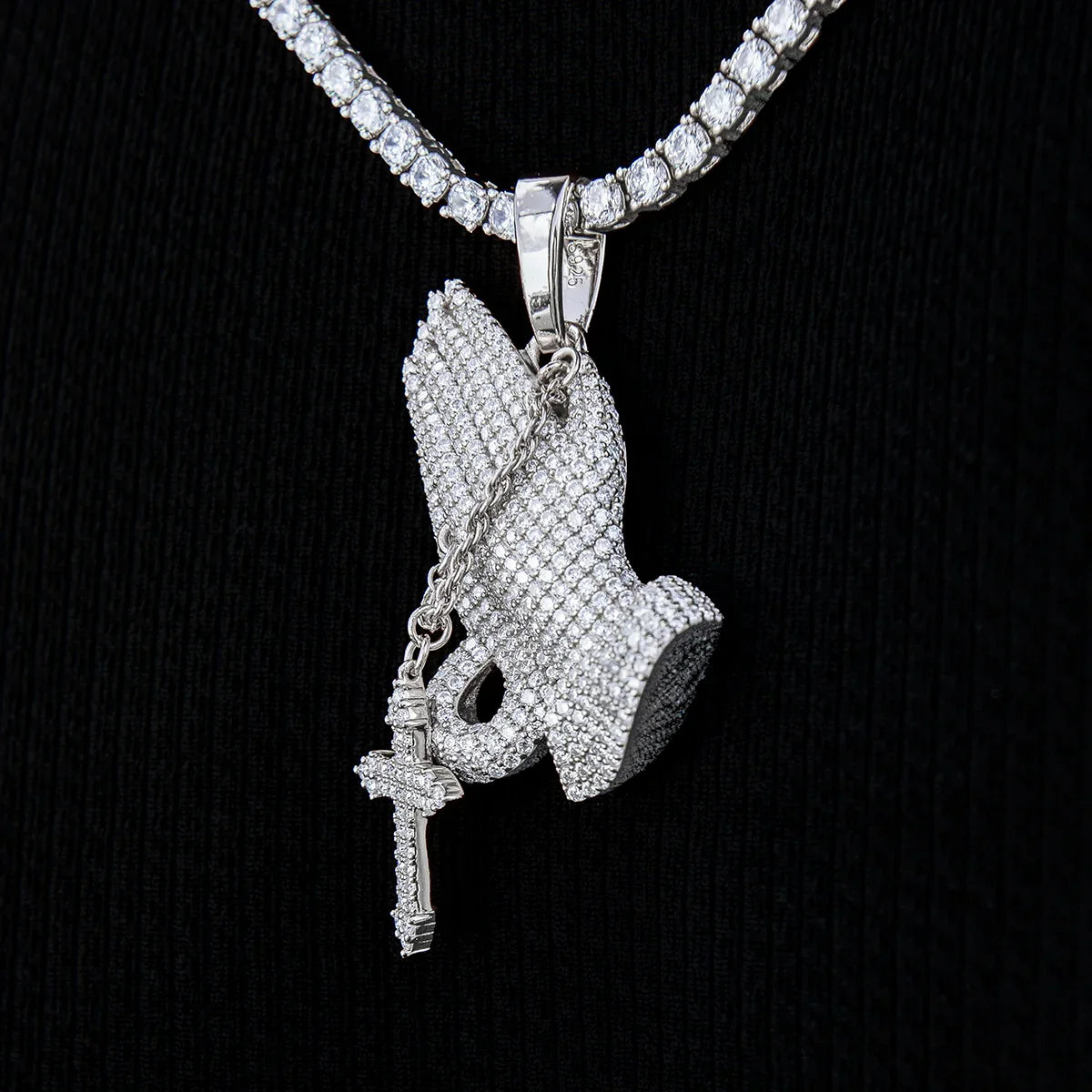 Moissanite Praying Hands Pendant in Sterling Silver