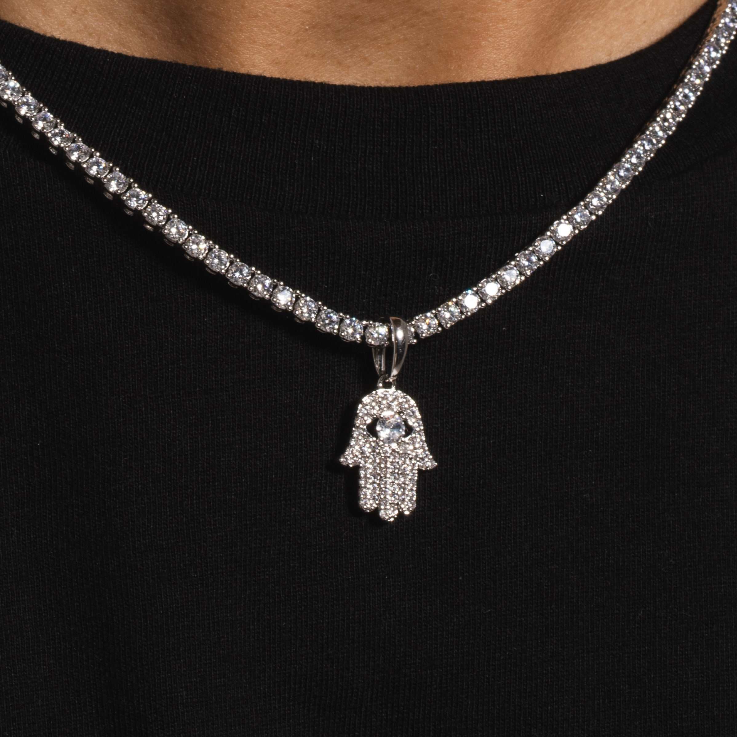 Micro Iced Hamsa Pendant in White Gold