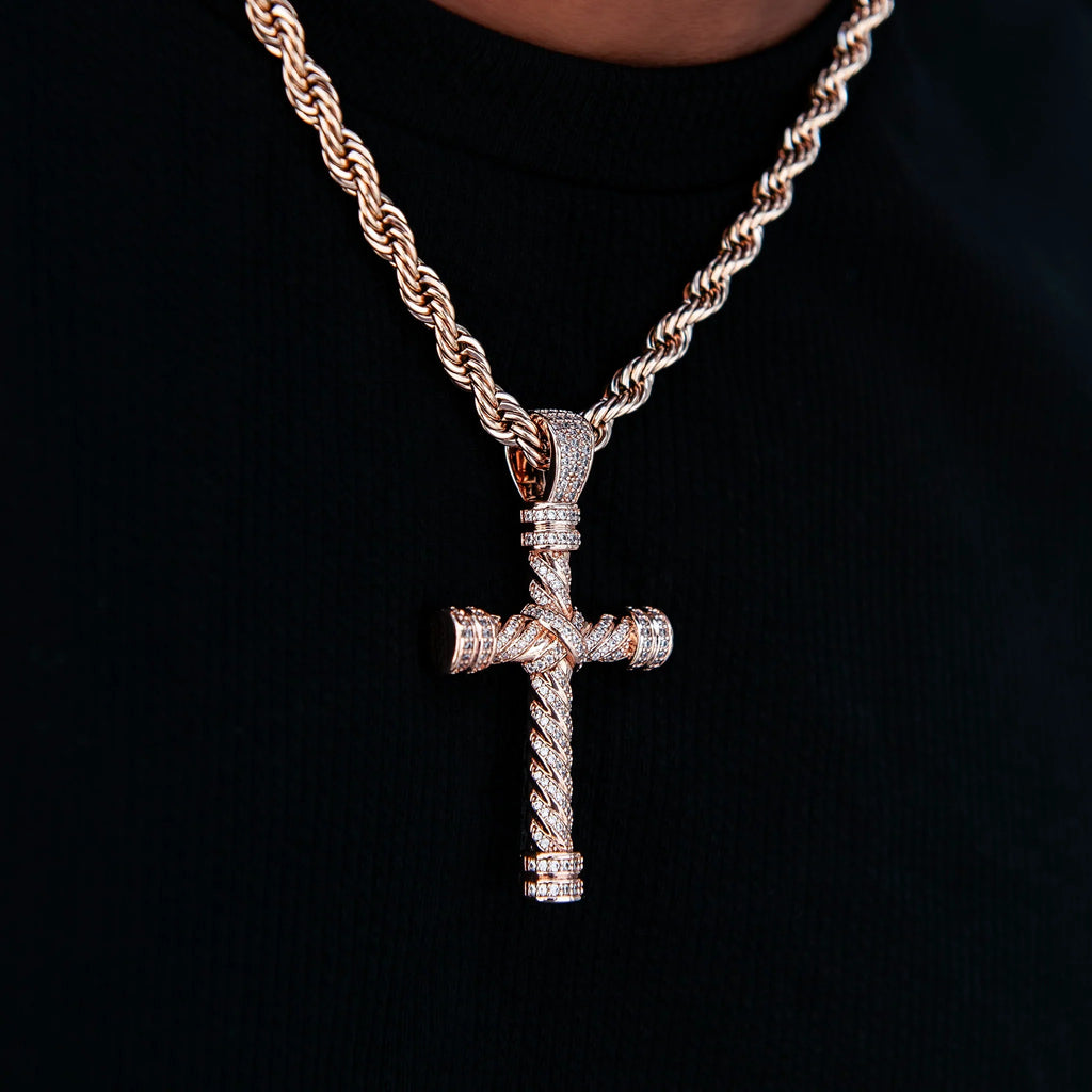 Diamond Rope Cross Pendant in Rose Gold