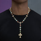 Colored Gemstone Pearl Rosary Chain Necklace in Yellow Gold