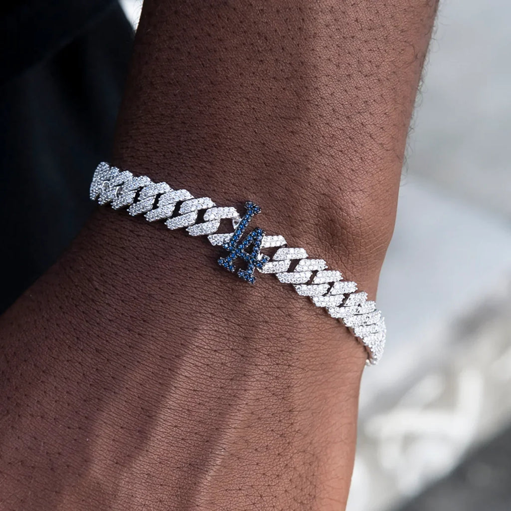 Los Angeles Dodgers Official MLB Diamond Prong Cuban Bracelet in White Gold- 8.5mm
