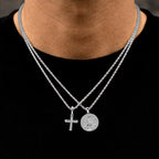 Micro Simple Cross and Saint Michael Coin Pendant Set in White Gold