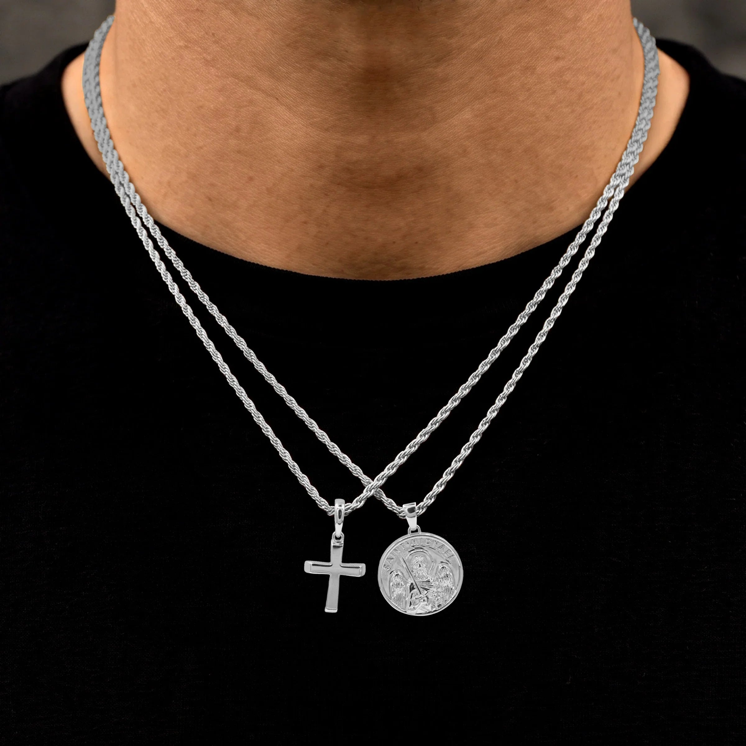 Micro Simple Cross and Saint Michael Coin Pendant Set in White Gold