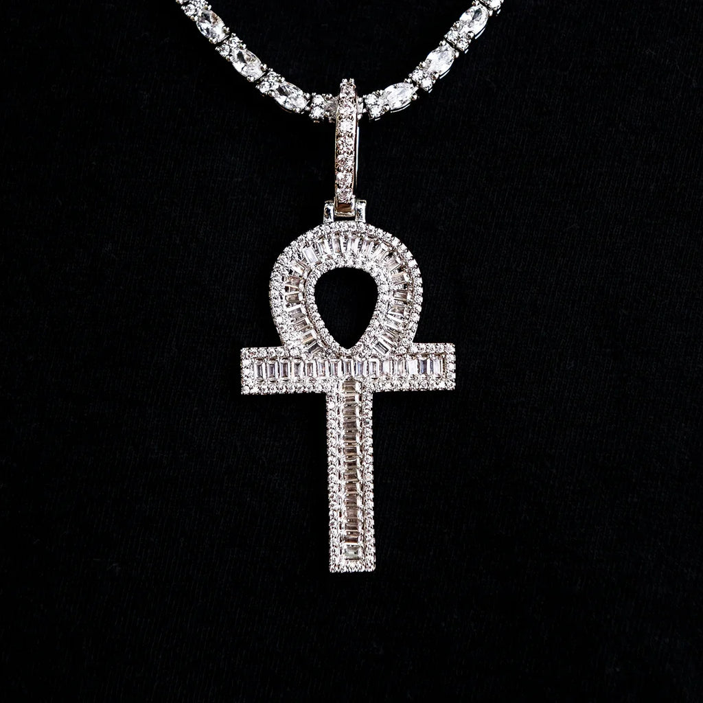 Diamond Baguette Ankh Cross Pendant in White Gold