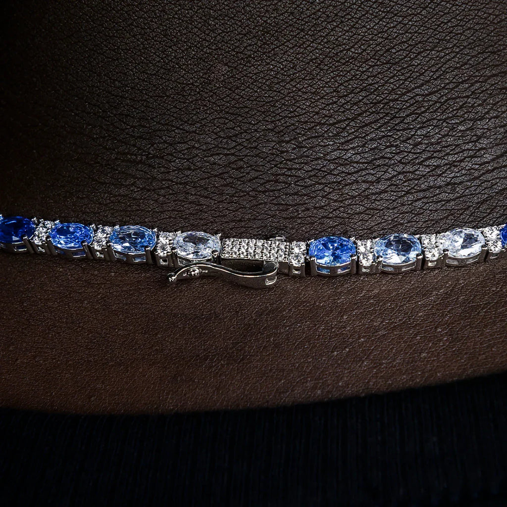 Blue Mixed Oval Cut Tennis Chain in White Gold - 5mm