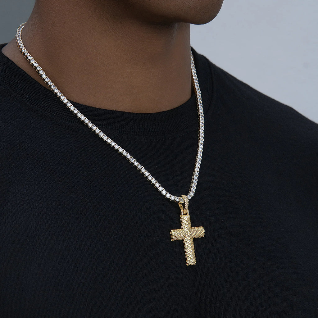 Iced Arrow Cross Pendant in Yellow Gold
