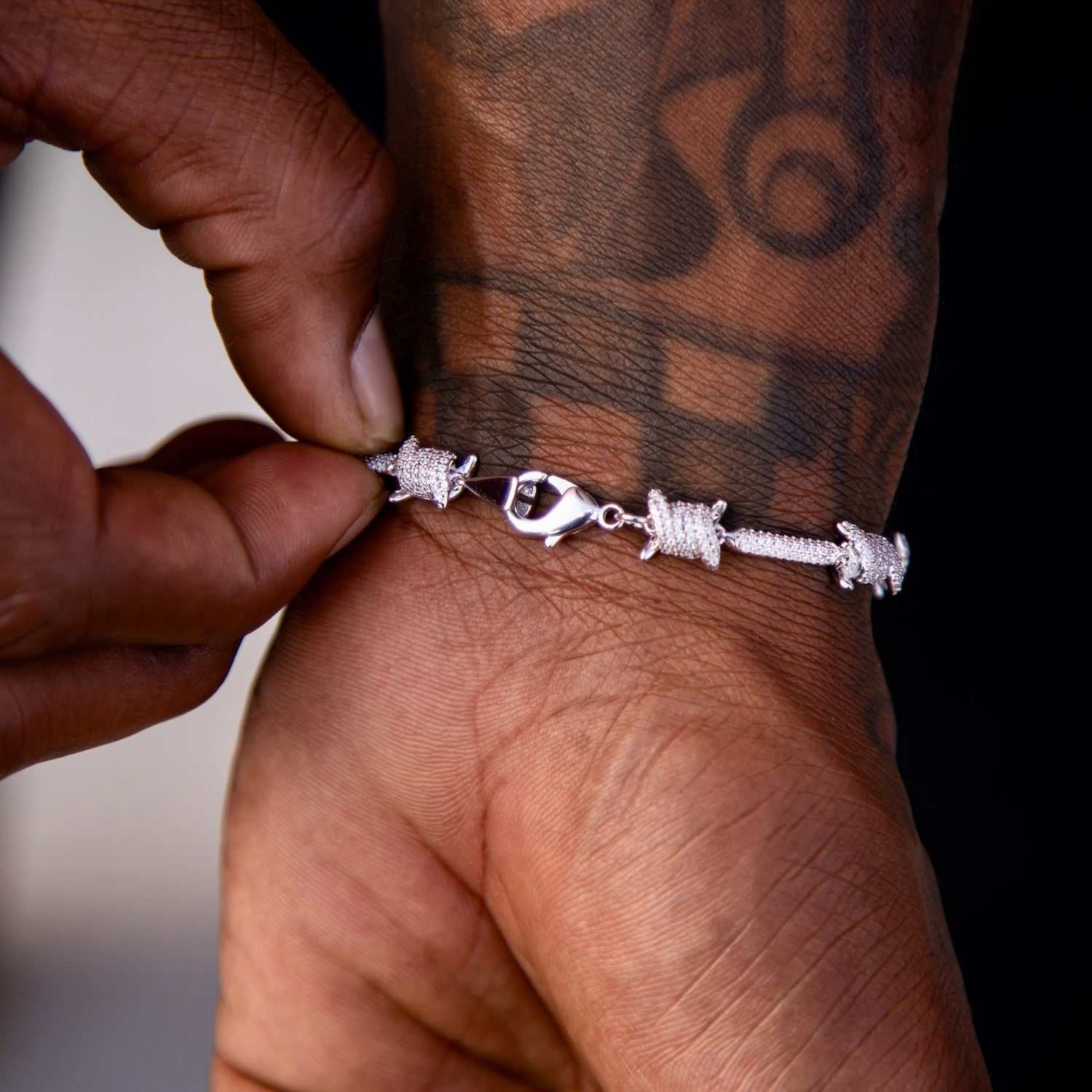 Iced Barbed Wire Chain + Bracelet Bundle in White Gold