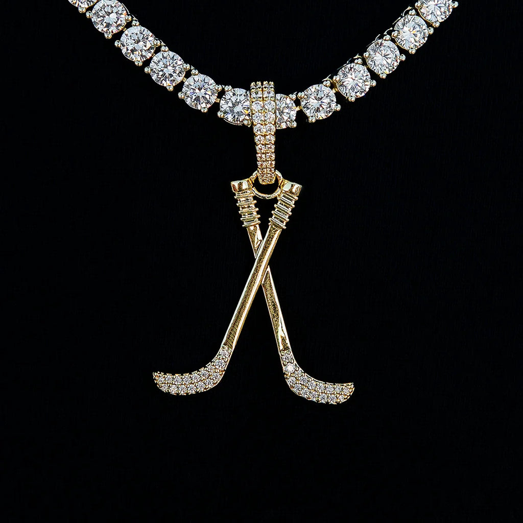 Iced Hockey Sticks Pendant in Yellow Gold