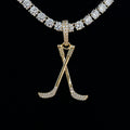 Iced Hockey Sticks Pendant in Yellow Gold