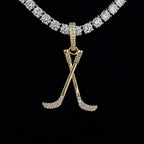 Iced Hockey Sticks Pendant in Yellow Gold
