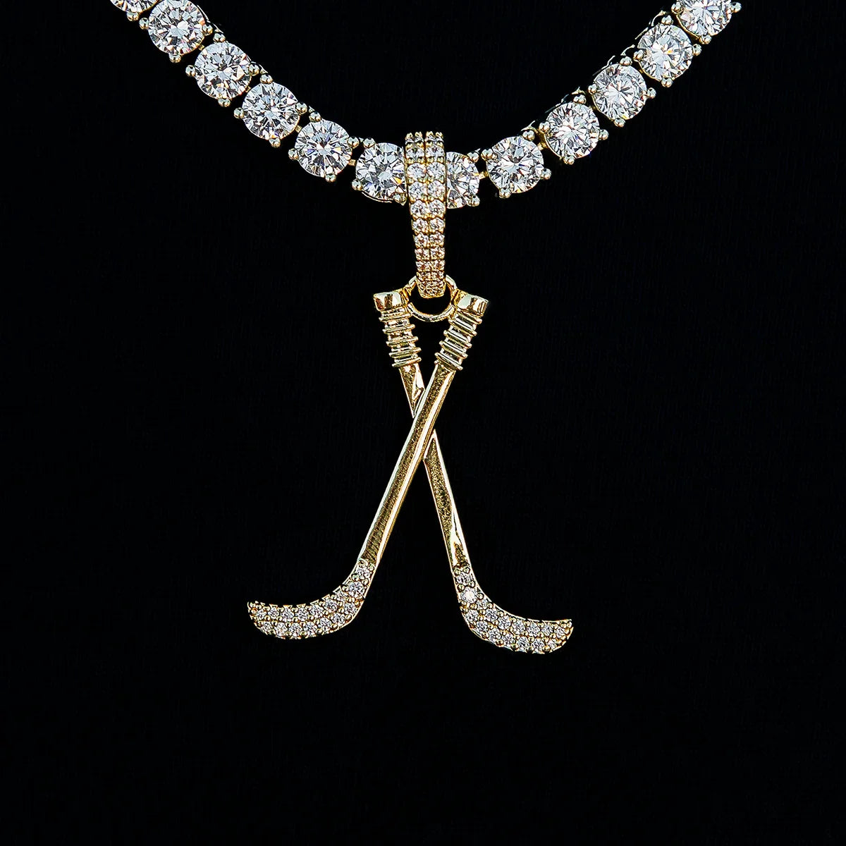Iced Hockey Sticks Pendant in Yellow Gold