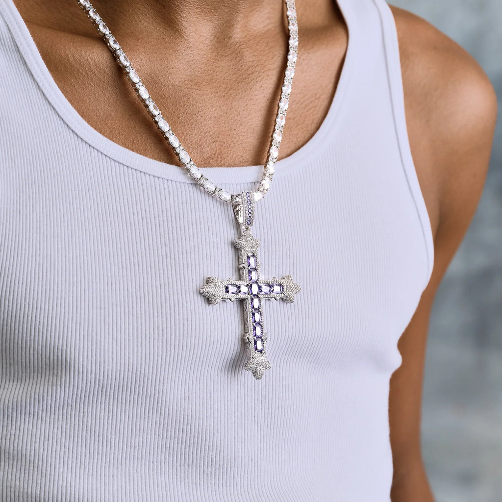 Large Iced Purple Baguette Cross Pendant in White Gold