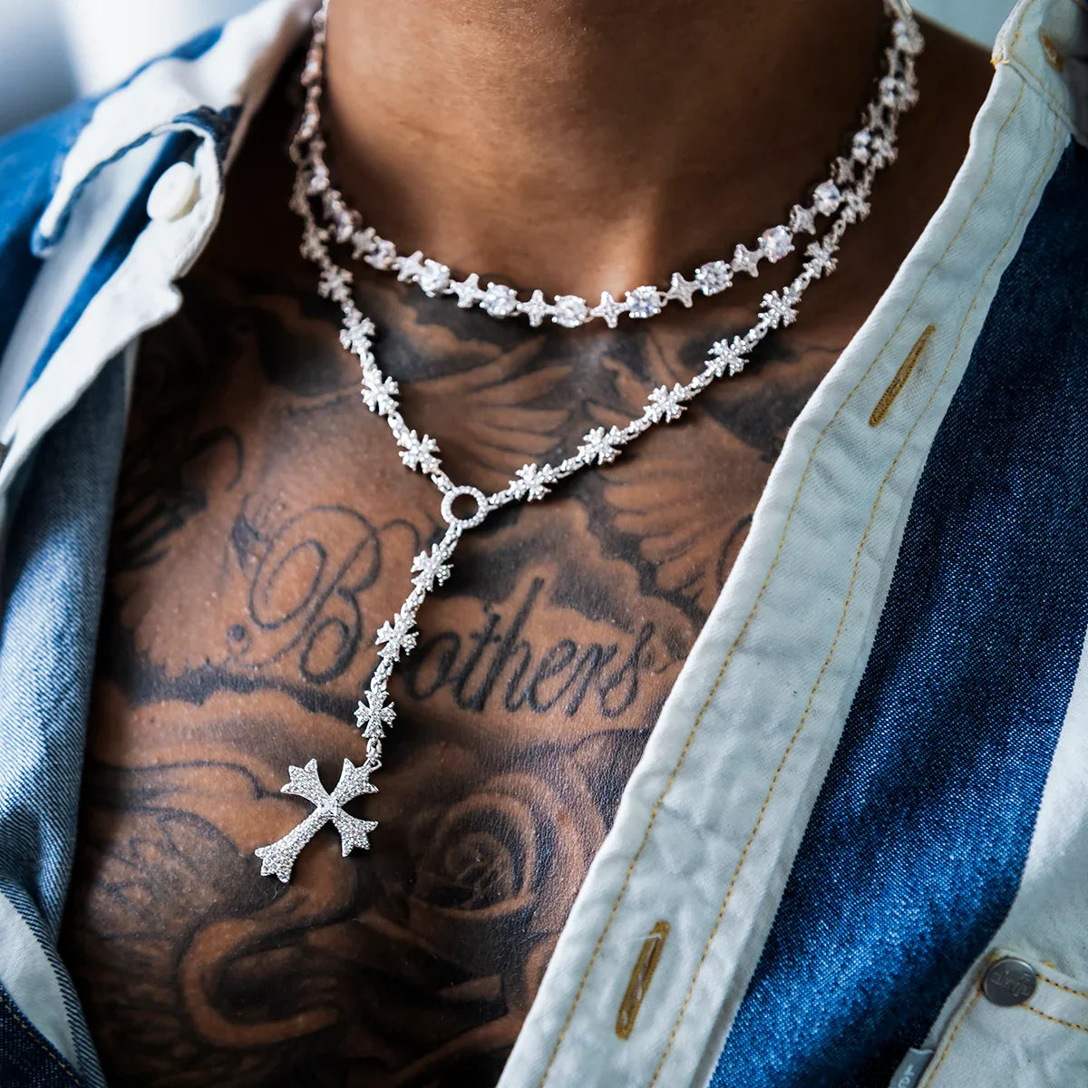 Flared Cross Rosary Chain in White Gold - 8mm