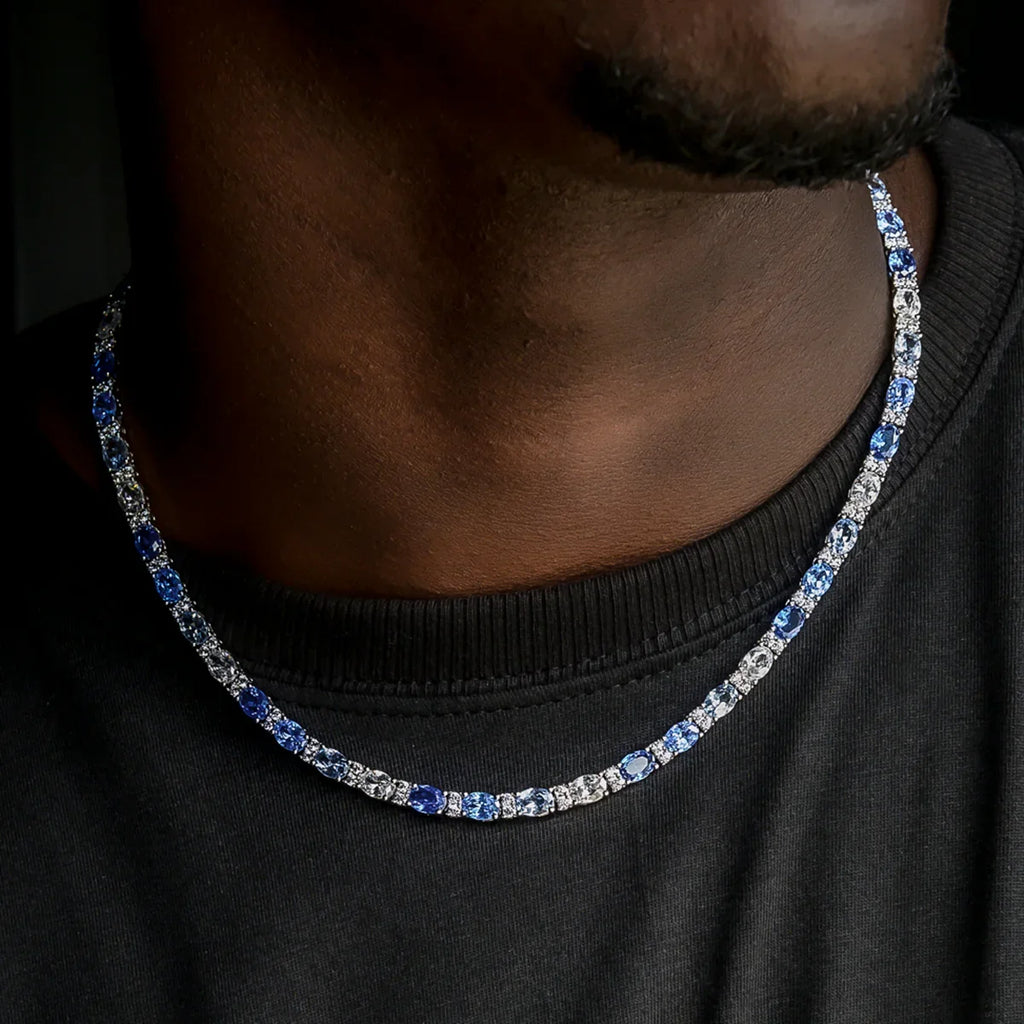 Blue Mixed Oval Cut Tennis Chain in White Gold - 5mm