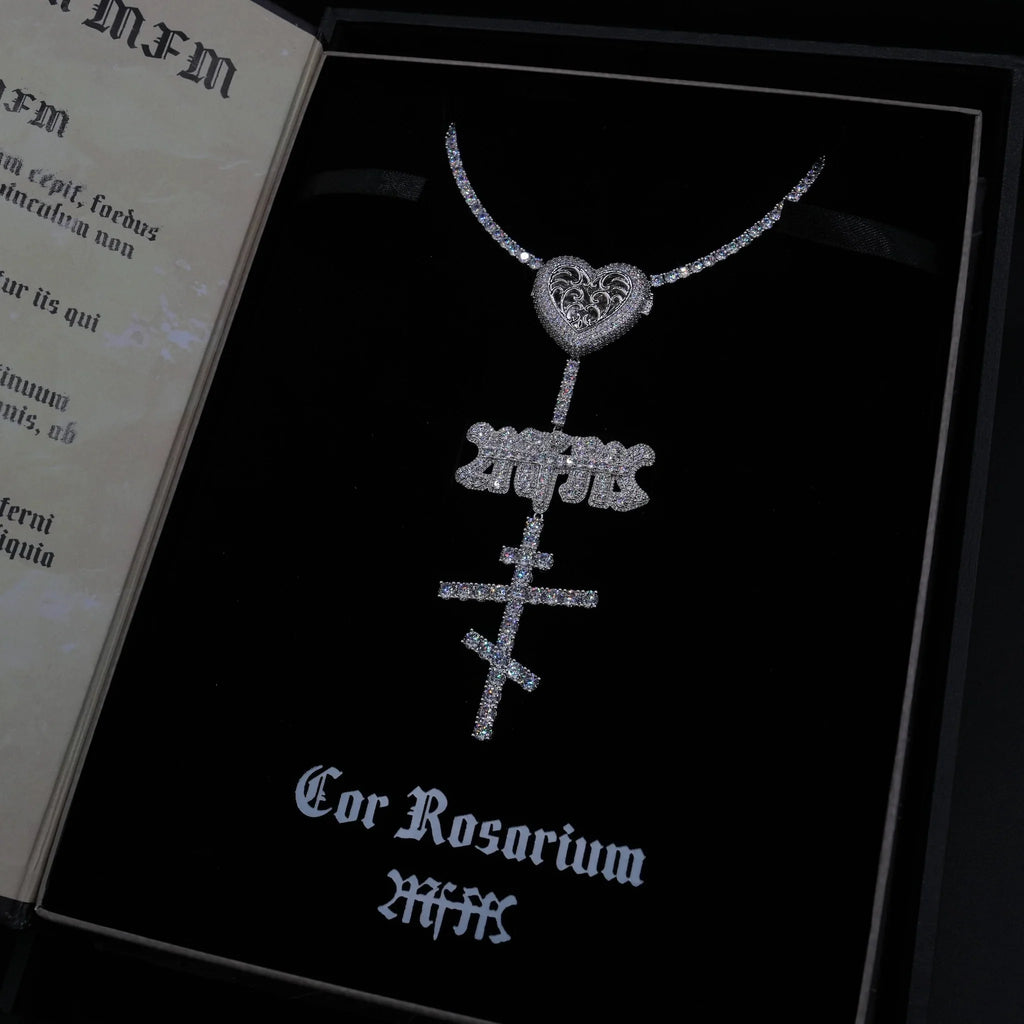 GLD X Bloody Osiris Iced Locket Rosary Chain in White Gold