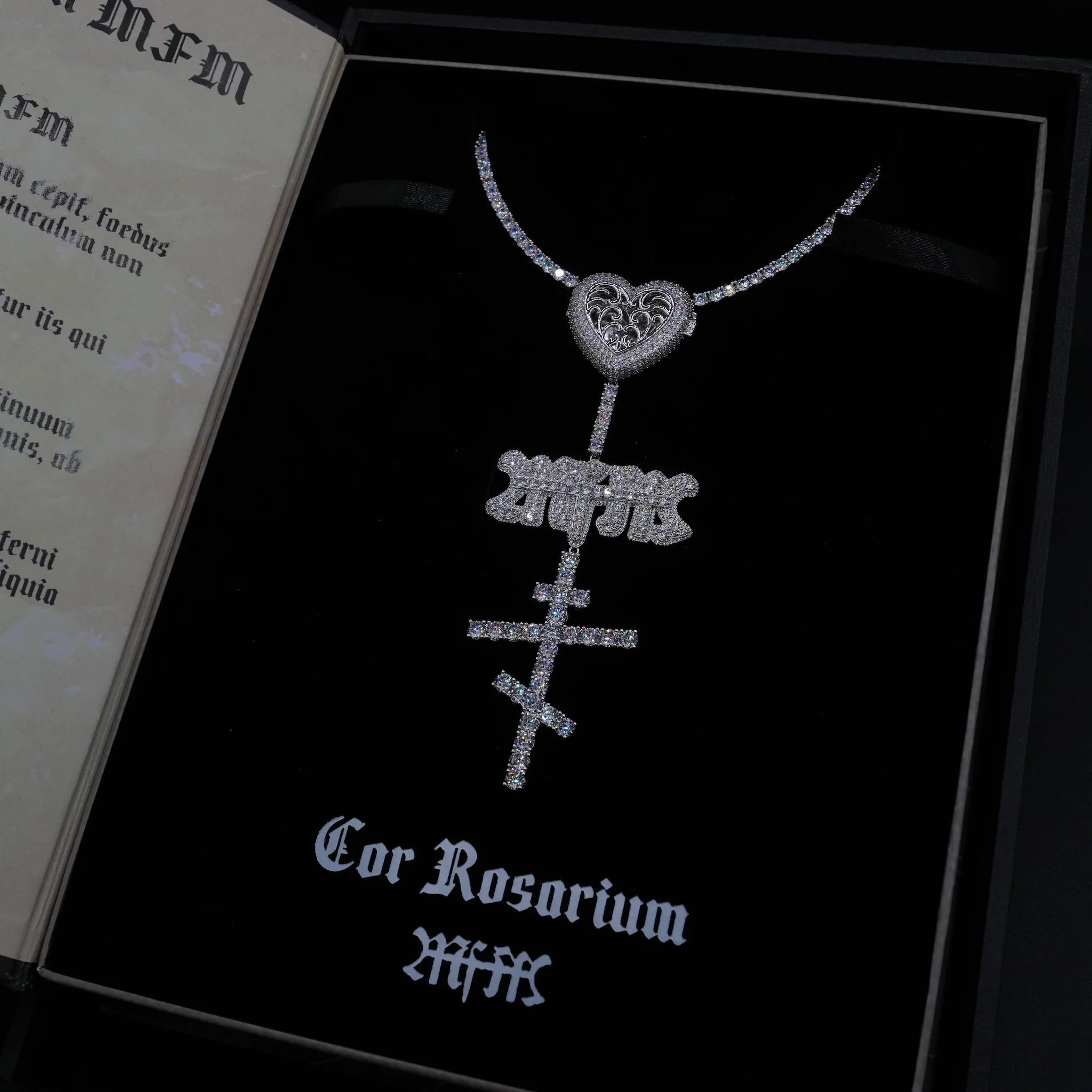 GLD X Bloody Osiris Iced Locket Rosary Chain in White Gold