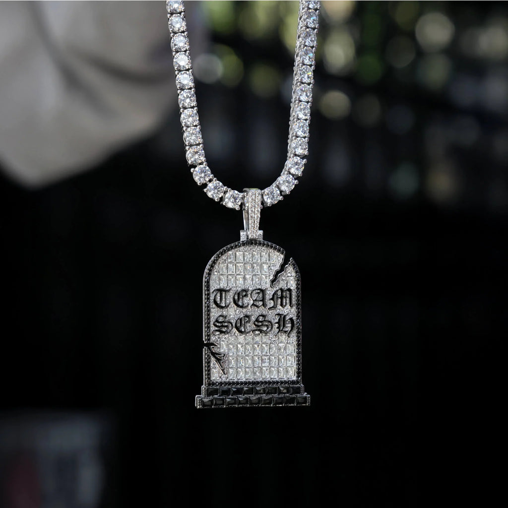 GLD X Sesh Bones Iced Grave Pendant in White Gold