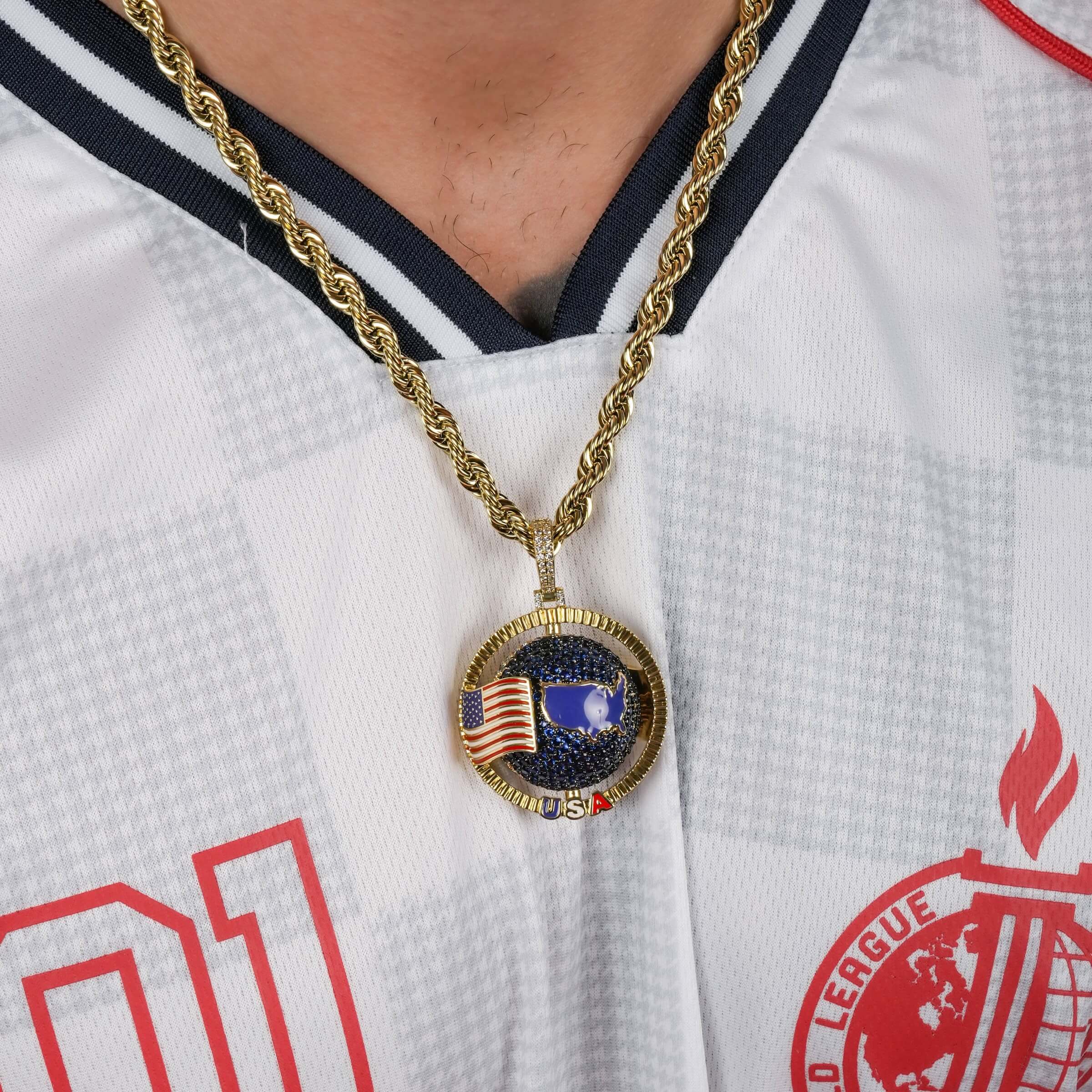 Diamond USA Spinning Globe Flag Pendant in Yellow Gold
