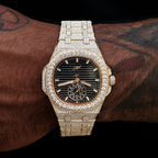 39MM Visionary Fully Iced Case & Black Dial Watch - Yellow Gold