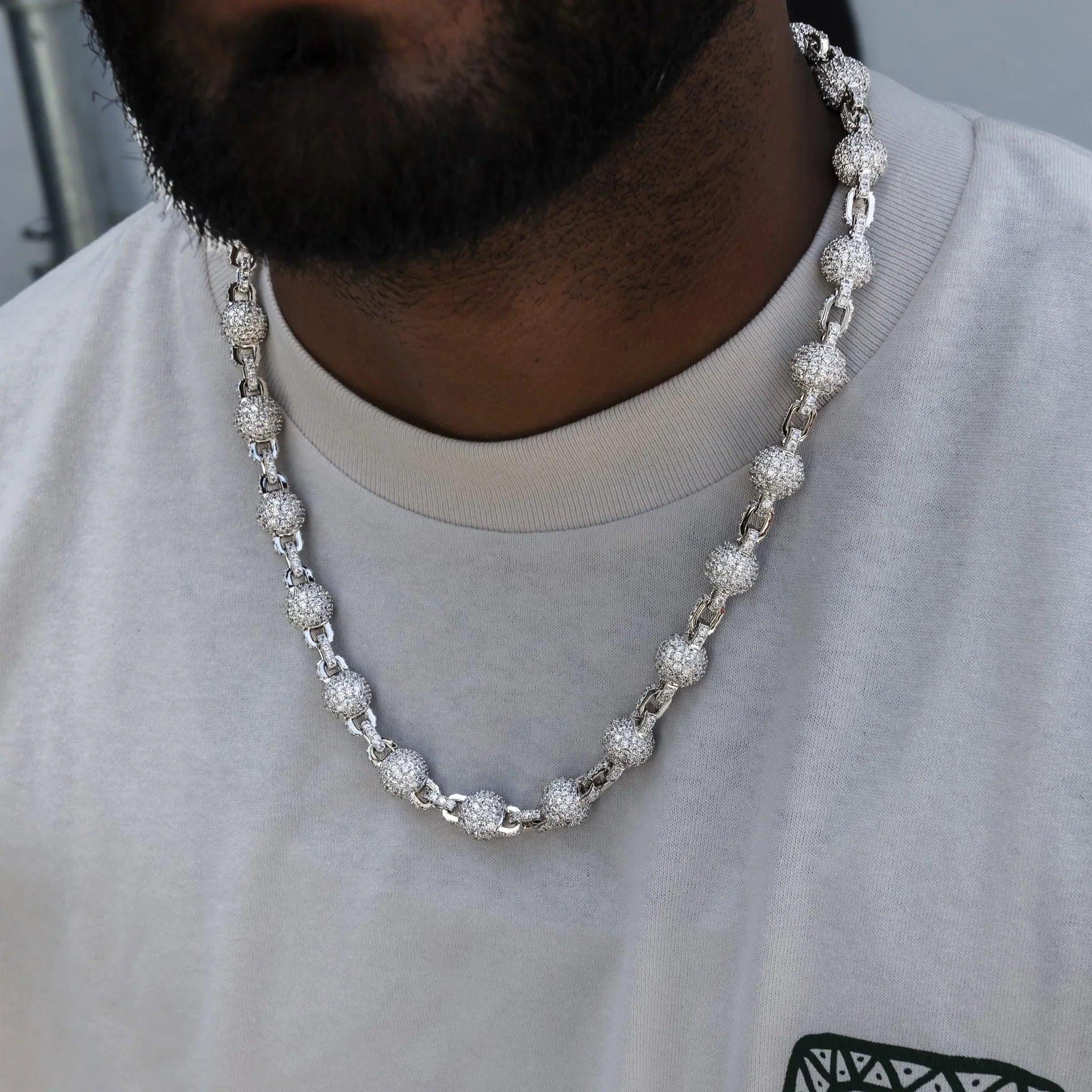 12MM Iced Ball Chain in White Gold