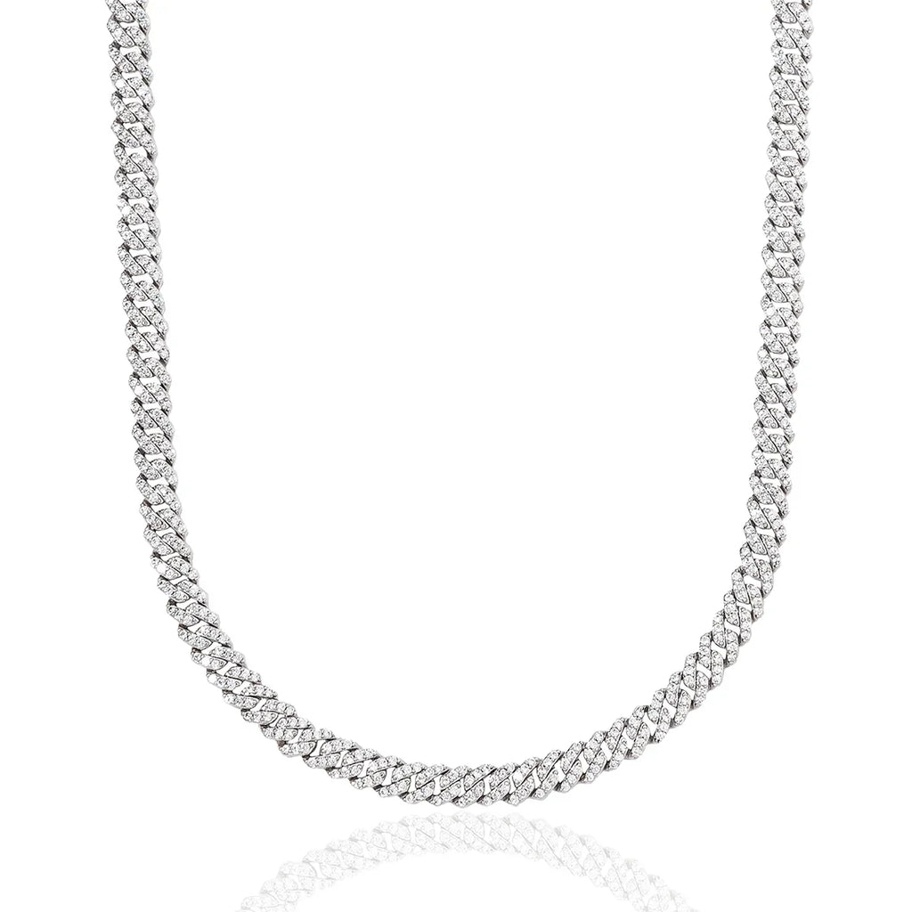 Micro Diamond Prong Cuban Chain in White Gold - 6mm