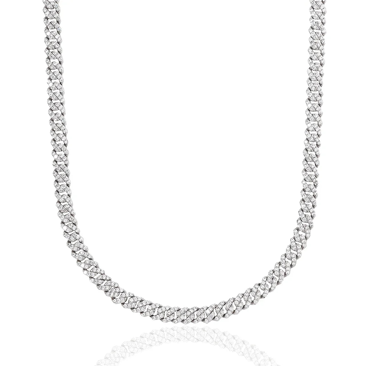 Micro Diamond Prong Cuban Chain in White Gold - 6mm